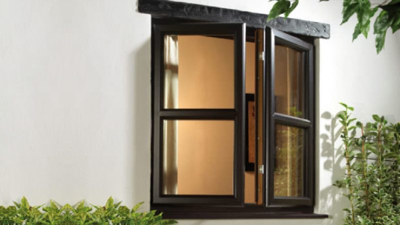 Open casement window with black frame