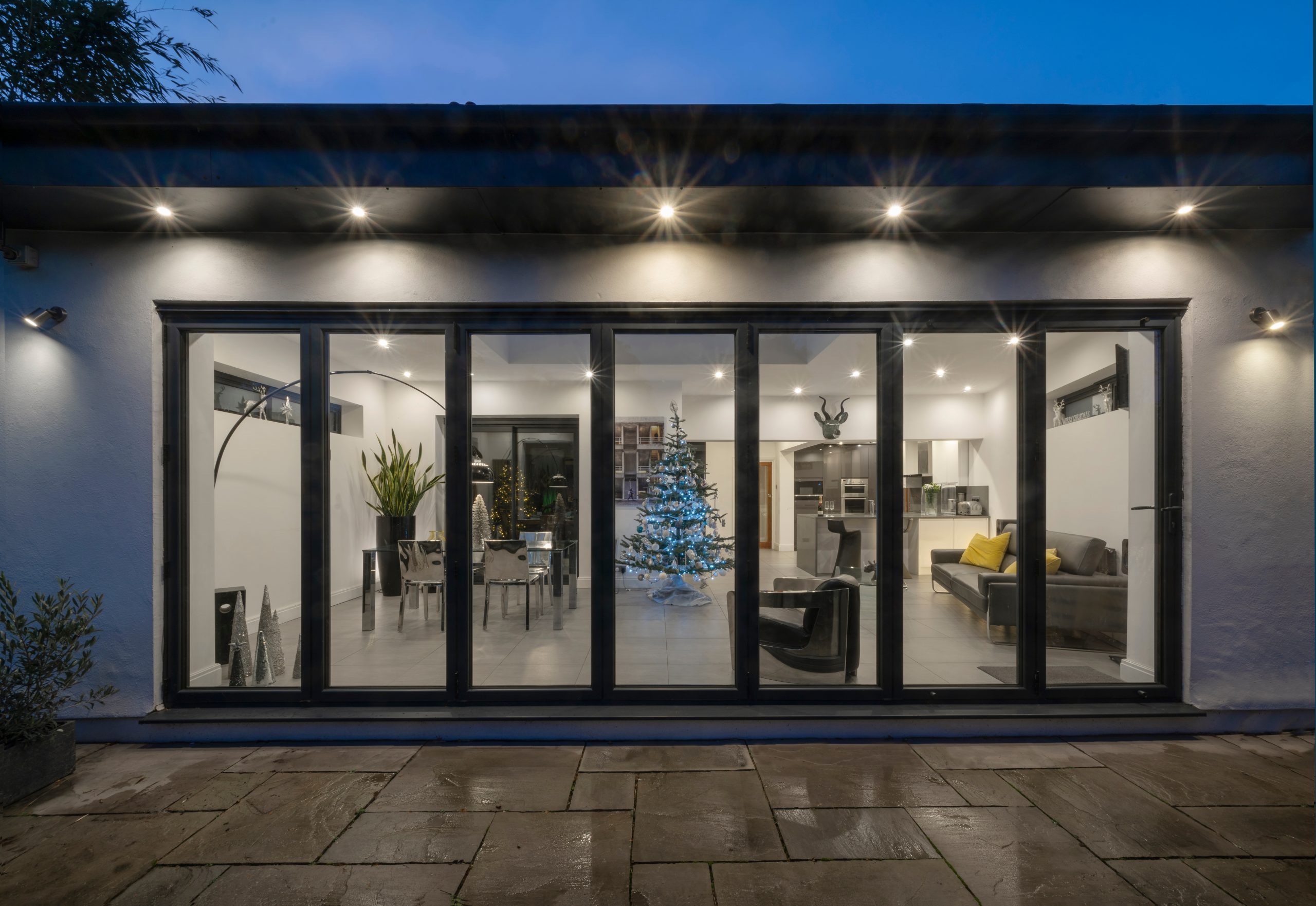 outside image of bifold patio doors Stourbridge with spotlights